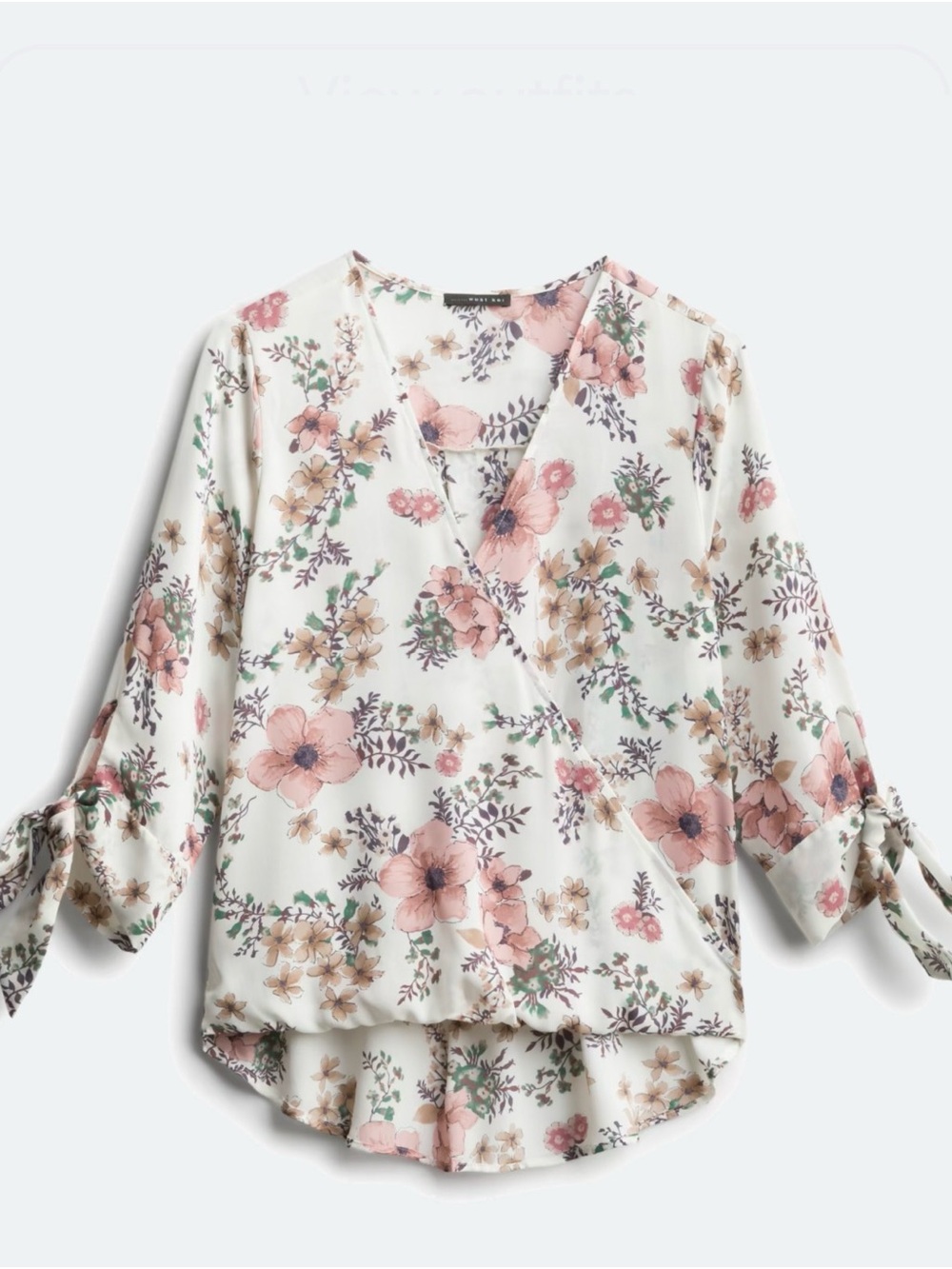 West Kei Cream Floral Wrap Blouse with Pink Accents